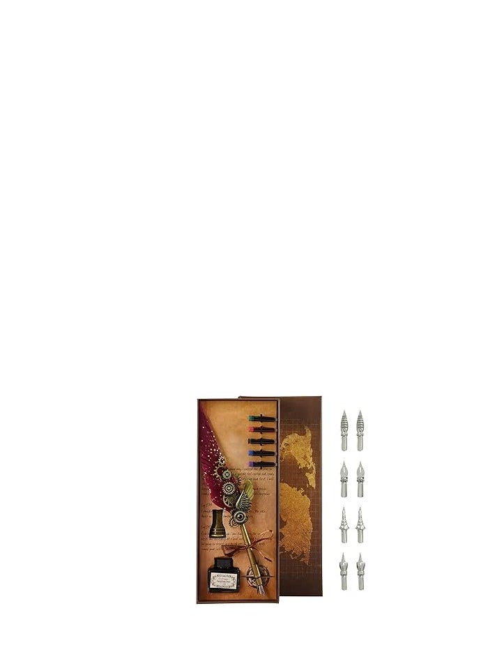 Generic Calligraphy Set, Vintage Feather Pen with 1 Ink, 1 Nib Fountain Pen, Pen Holder, 5 Ink Bottles, 8 Stainless Steel Tips, Nib Caligraphy Pen Set for Christmas, Valentine's Day  - Image 1