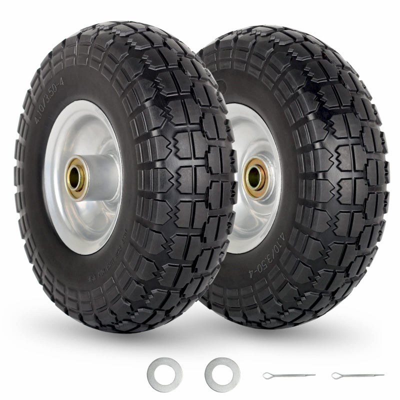 GICOOL 4.10/3.50-4" Flat Free Tire and Wheel, 10" Heavy Duty Solid Tire, 5/8" Axle Bore Hole, 2.2" Offset Hub, for Hand Truck Garden Cart Wagon Trolley Dolly Replacement, 2 Pack - Image 1