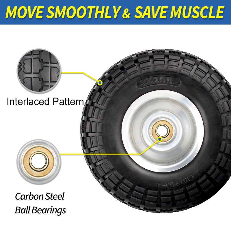 GICOOL 4.10/3.50-4" Flat Free Tire and Wheel, 10" Heavy Duty Solid Tire, 5/8" Axle Bore Hole, 2.2" Offset Hub, for Hand Truck Garden Cart Wagon Trolley Dolly Replacement, 2 Pack - Image 5