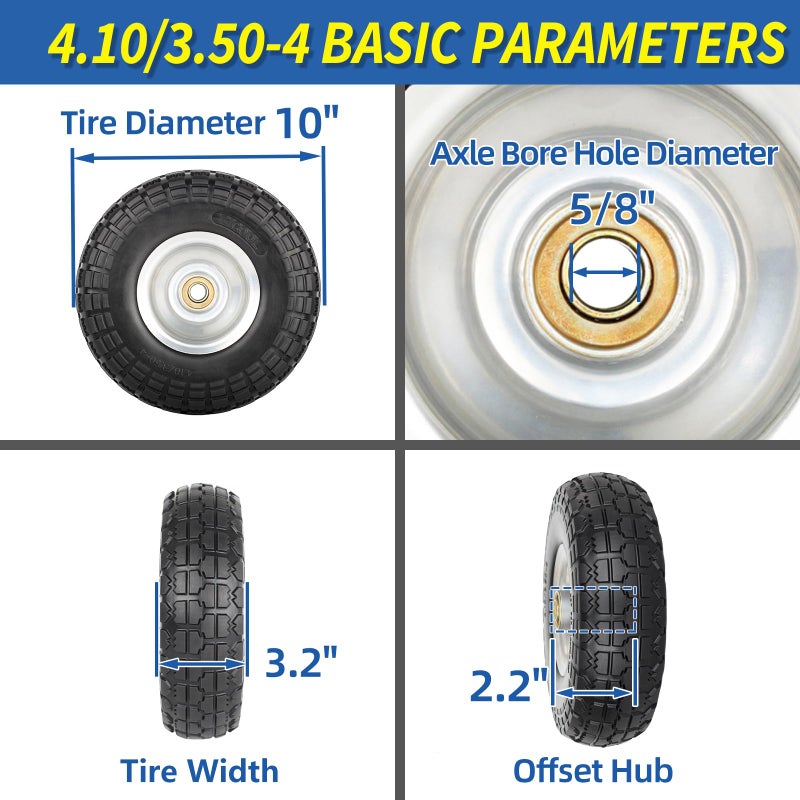 GICOOL 4.10/3.50-4" Flat Free Tire and Wheel, 10" Heavy Duty Solid Tire, 5/8" Axle Bore Hole, 2.2" Offset Hub, for Hand Truck Garden Cart Wagon Trolley Dolly Replacement, 2 Pack - Image 2