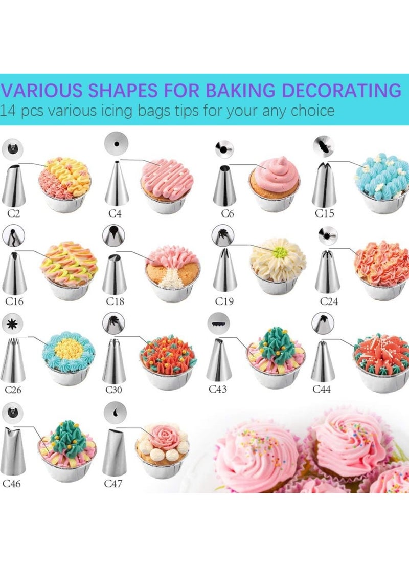 SYOSI - 25 Pcs Cake Decorating Kits with Piping Bags and Tips - Includes 14 Stainless Steel Baking Nozzles, 2 Reusable Silicone Pastry Bags, 3 Icing Smoothers, 2 Couplers, Ties & Cupcake Molds - Image 1