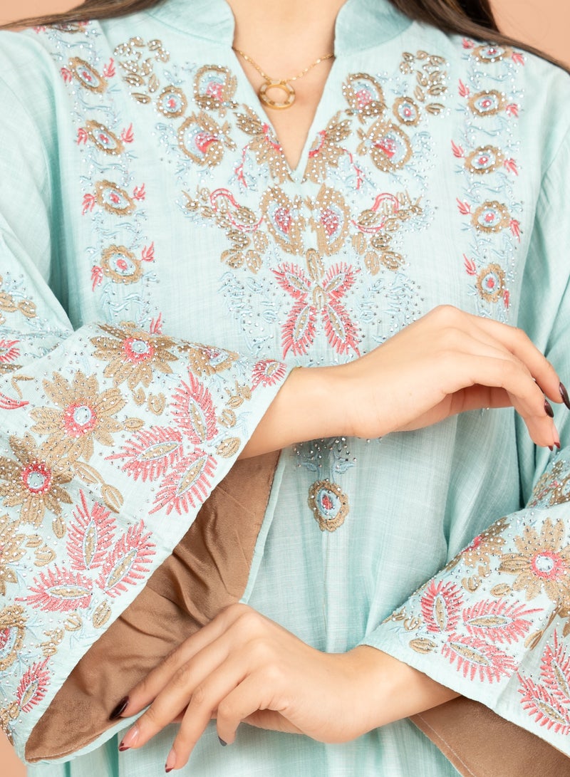 IKKXA Crystal-Embellished Embroidered Jalabiya IK4002 Turquoise - Image 2