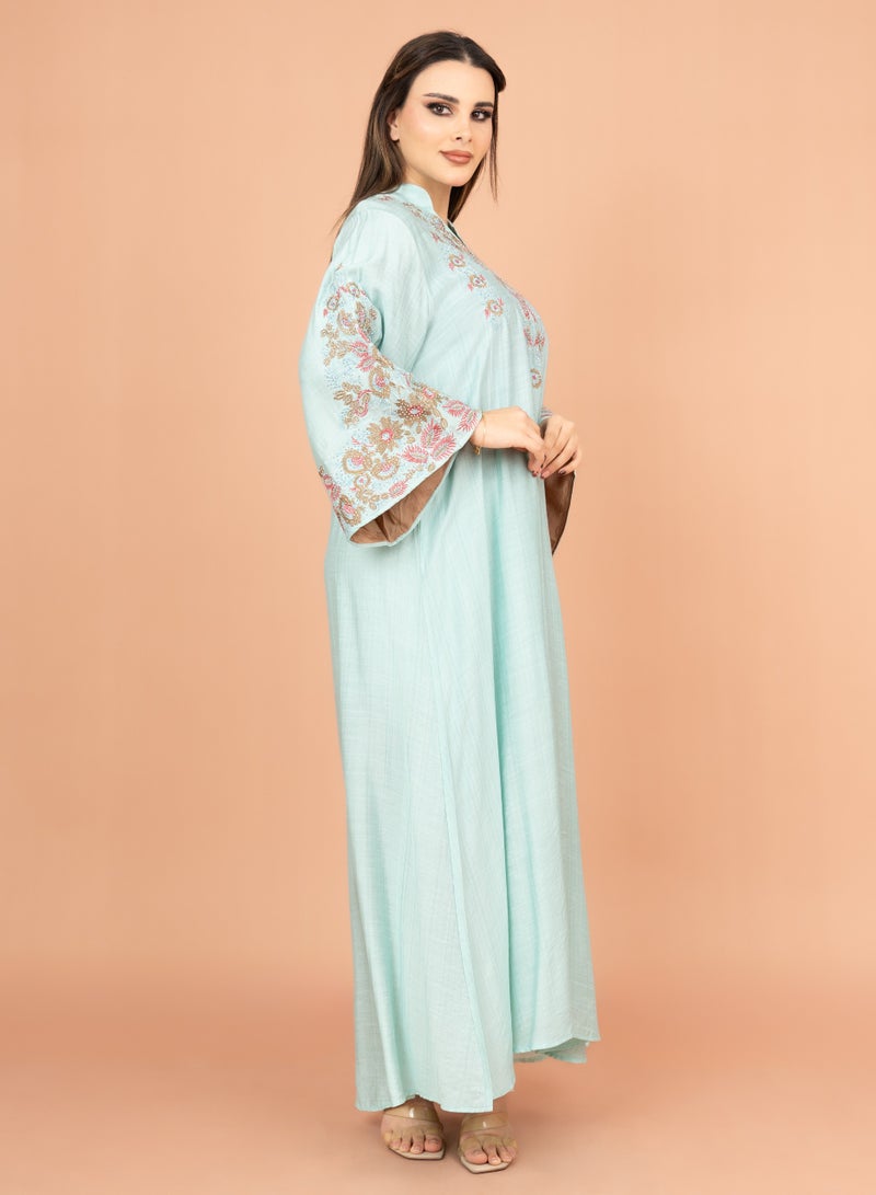 IKKXA Crystal-Embellished Embroidered Jalabiya IK4002 Turquoise - Image 3
