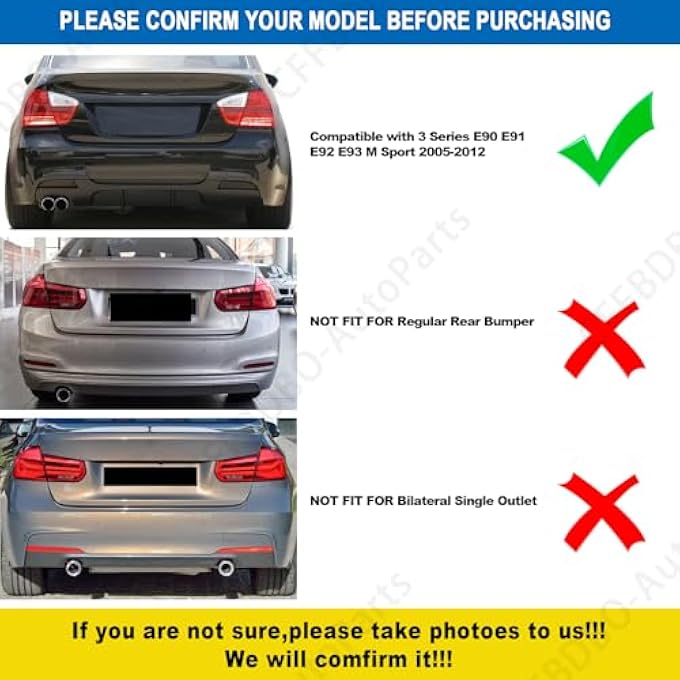 BDBO Rear Diffuser for 2005-2012 BMW 3 Series E90 E91 E92 E93 M-Sport Rear Bumper Lower Lip,Glossy Black,Single Side Dual Out - Image 4