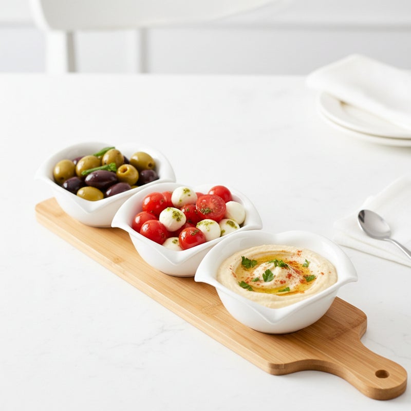 Shallow Luxury 3PCS Round Porcelain Bowls with Bamboo Stand  12cm White Serveware for Snacks, Desserts - Image 2