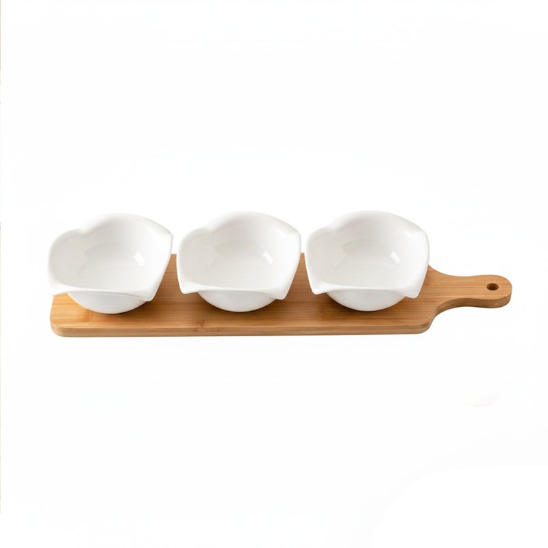 Shallow Luxury 3PCS Round Porcelain Bowls with Bamboo Stand  12cm White Serveware for Snacks, Desserts - Image 1