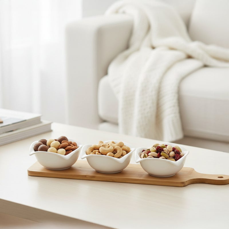 Shallow Luxury 3PCS Round Porcelain Bowls with Bamboo Stand  12cm White Serveware for Snacks, Desserts - Image 4