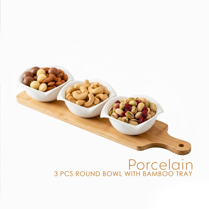Shallow Luxury 3PCS Round Porcelain Bowls with Bamboo Stand  12cm White Serveware for Snacks, Desserts - Image 3