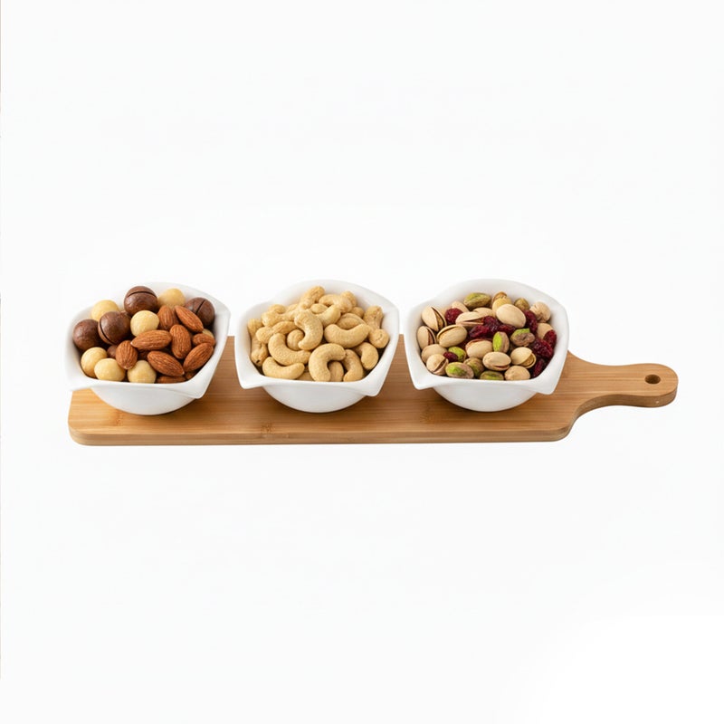 Shallow Luxury 3PCS Round Porcelain Bowls with Bamboo Stand  12cm White Serveware for Snacks, Desserts - Image 5