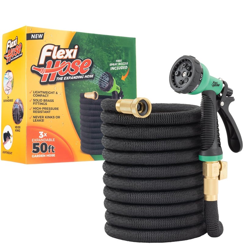 Flexi Hose Expandable Garden Hose with 8 Function Nozzle, 50FT - Lightweight Retractable Garden Hose, Water Hose - No-Kink Flexibility, 3/4 Inch Solid Brass Fittings and Double Latex Core - Image 1