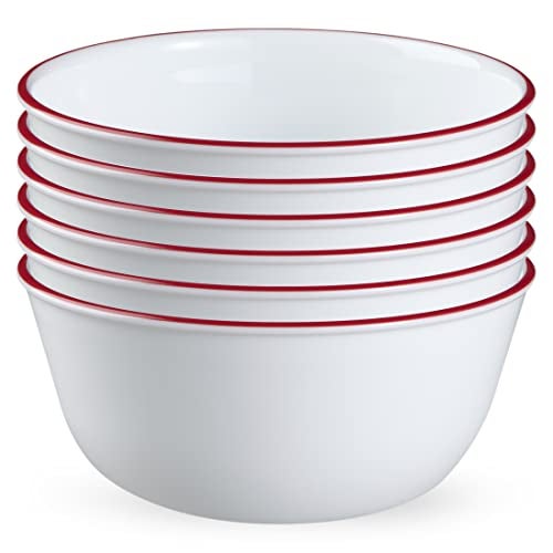 Corelle Vitrelle Glass 6-PC Bowls Set, For Soup Cereal & Dessert, Chip-Resistant & Lightweight Bowl Dinnerware Set, Red Banded 28 OZ - Image 1