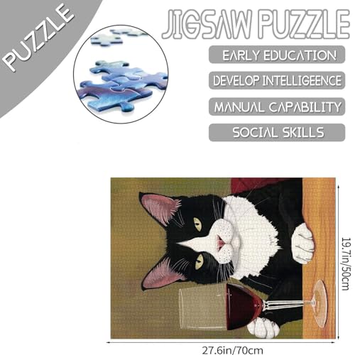 Tucocoo Black and White Cat Drinking Wine Puzzles for Adults 1000 PiecesRed Wine Glass Jigsaw Puzzle 20x27 Inches Colorful Kitten Puzzles Family Puzzle Perfect for Game Nights Home Wall Decor - Image 5