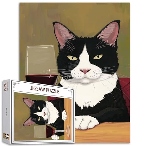 Tucocoo Black and White Cat Drinking Wine Puzzles for Adults 1000 PiecesRed Wine Glass Jigsaw Puzzle 20x27 Inches Colorful Kitten Puzzles Family Puzzle Perfect for Game Nights Home Wall Decor - Image 1