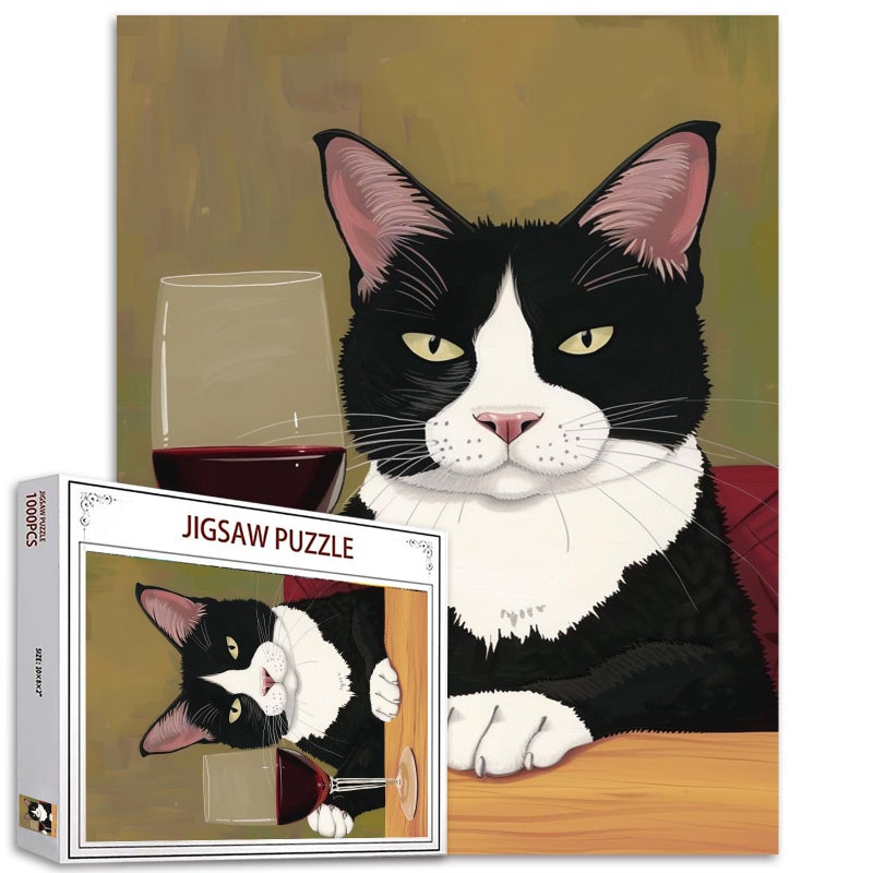 Tucocoo Black and White Cat Drinking Wine Puzzles for Adults 1000 PiecesRed Wine Glass Jigsaw Puzzle 20x27 Inches Colorful Kitten Puzzles Family Puzzle Perfect for Game Nights Home Wall Decor - Image 3