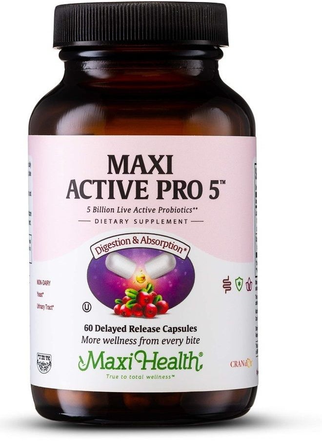 Maxi Health - Active Pro 5 Probiotic Supplement - Lactobacillus Probiotics for Men and Probiotics for Women Digestive Health, Gut Health, Bloating Relief, Gas Relief - 60 Delayed Release Capsules - Image 1