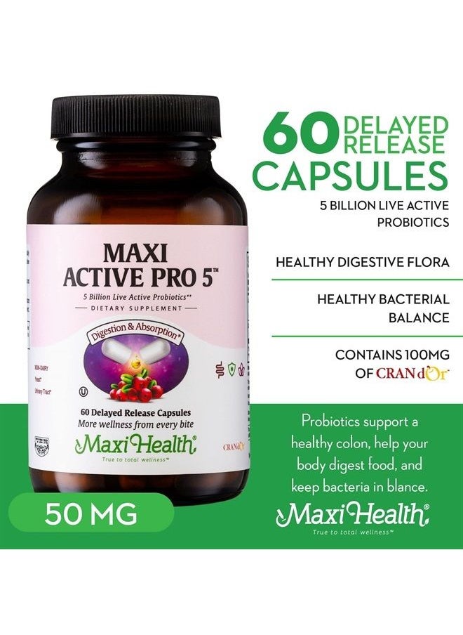Maxi Health - Active Pro 5 Probiotic Supplement - Lactobacillus Probiotics for Men and Probiotics for Women Digestive Health, Gut Health, Bloating Relief, Gas Relief - 60 Delayed Release Capsules - Image 1