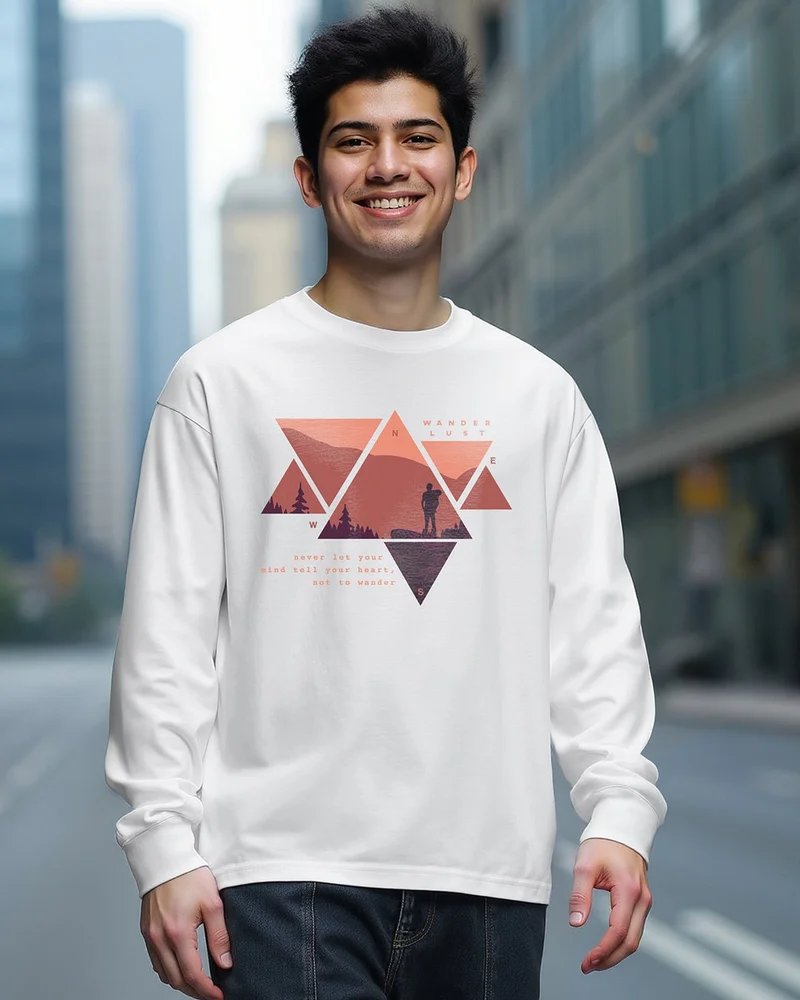 بيواكوف تيشيرت رجالي أبيض واسع بطبعة هندسية