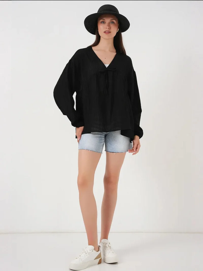 BIG DART BDART Textured Seersucker V-Neck Blouse with Bow Tie