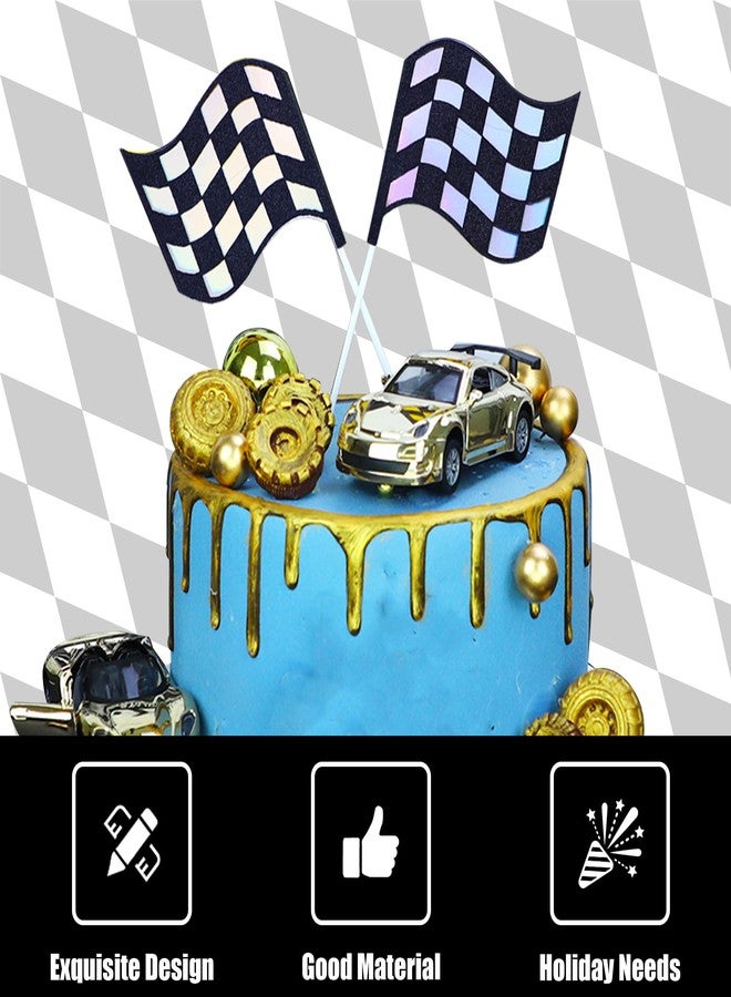 Ysqool 24Pcs Checkered Flag Cupcake Toppers,Glitter Race Car Cake Decorations, Black and White Racing Flags Cupcake Picks for Car Theme Party Supplies Baby Shower Kids Boys Birthday Party Supplies - Image 3
