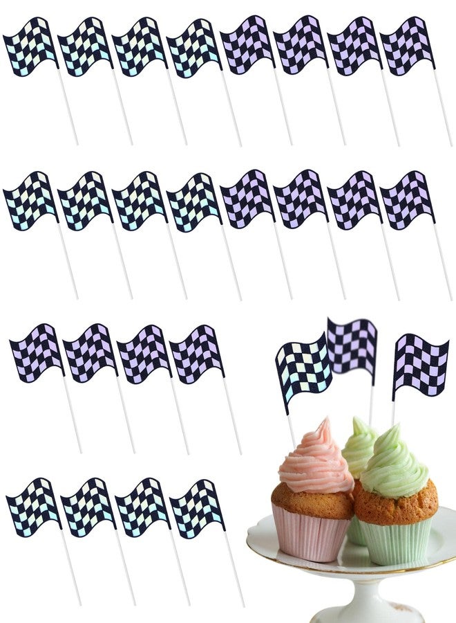 Ysqool 24Pcs Checkered Flag Cupcake Toppers,Glitter Race Car Cake Decorations, Black and White Racing Flags Cupcake Picks for Car Theme Party Supplies Baby Shower Kids Boys Birthday Party Supplies - Image 1