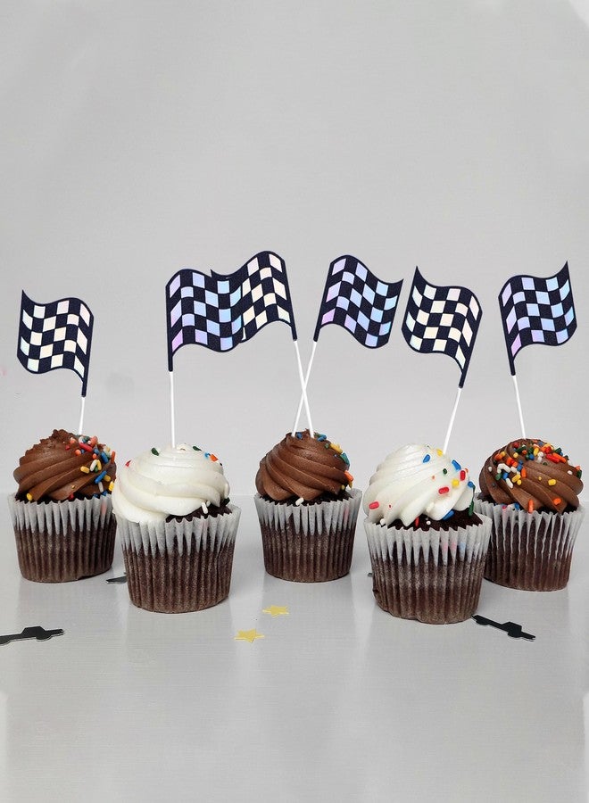 Ysqool 24Pcs Checkered Flag Cupcake Toppers,Glitter Race Car Cake Decorations, Black and White Racing Flags Cupcake Picks for Car Theme Party Supplies Baby Shower Kids Boys Birthday Party Supplies - Image 4