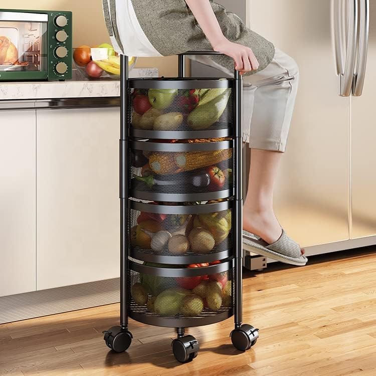 FING 4 Layer Rotating Trolley Black Metal Modern Style 35 cm D x 45 cm W x 35 cm H Kitchen Storage Rack Organizer Holder Stand - Image 4
