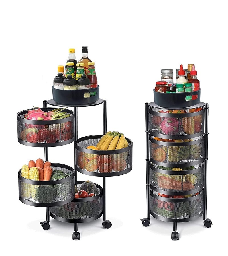 FING 4 Layer Rotating Trolley Black Metal Modern Style 35 cm D x 45 cm W x 35 cm H Kitchen Storage Rack Organizer Holder Stand - Image 1
