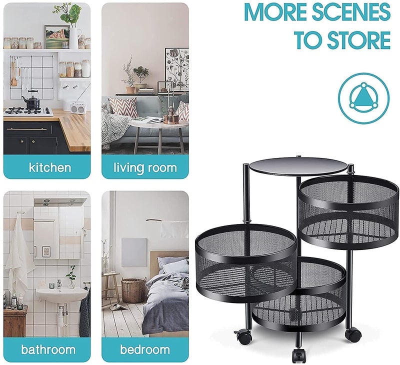 FING 4 Layer Rotating Trolley Black Metal Modern Style 35 cm D x 45 cm W x 35 cm H Kitchen Storage Rack Organizer Holder Stand - Image 5