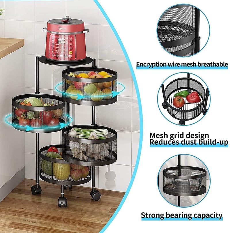 FING 4 Layer Rotating Trolley Black Metal Modern Style 35 cm D x 45 cm W x 35 cm H Kitchen Storage Rack Organizer Holder Stand - Image 2