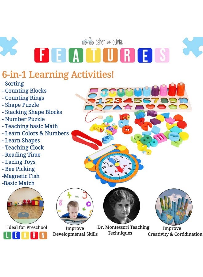 Asher and Olivia Wooden Montessori 7 - 1 Puzzle Set-Shape Sorter Counting Game, Preschool Education Math Stacking Block Learning Wood Math, Number, Shape, Picking, Stacking, Counting, Fishing Set with Learning Clock - Image 4