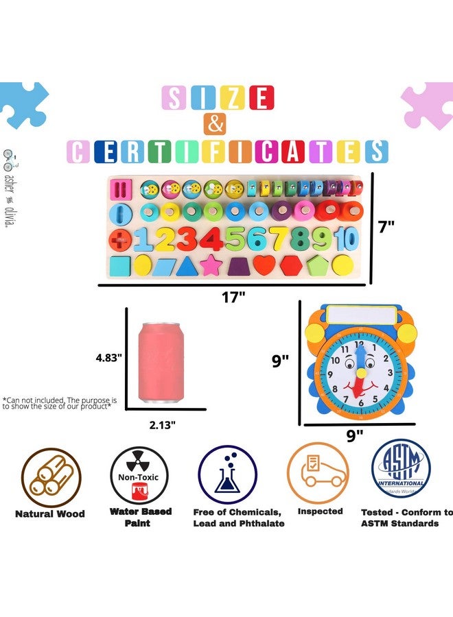 Asher and Olivia Wooden Montessori 7 - 1 Puzzle Set-Shape Sorter Counting Game, Preschool Education Math Stacking Block Learning Wood Math, Number, Shape, Picking, Stacking, Counting, Fishing Set with Learning Clock - Image 3