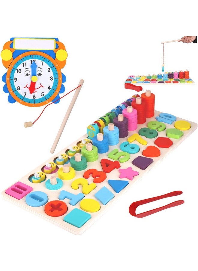 Asher and Olivia Wooden Montessori 7 - 1 Puzzle Set-Shape Sorter Counting Game, Preschool Education Math Stacking Block Learning Wood Math, Number, Shape, Picking, Stacking, Counting, Fishing Set with Learning Clock - Image 1