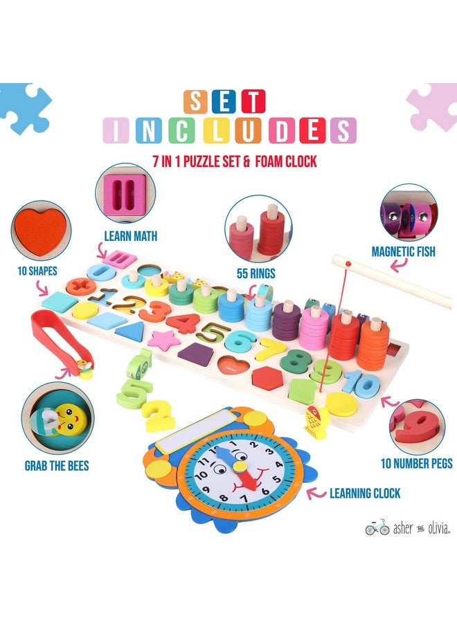 Asher and Olivia Wooden Montessori 7 - 1 Puzzle Set-Shape Sorter Counting Game, Preschool Education Math Stacking Block Learning Wood Math, Number, Shape, Picking, Stacking, Counting, Fishing Set with Learning Clock - Image 2