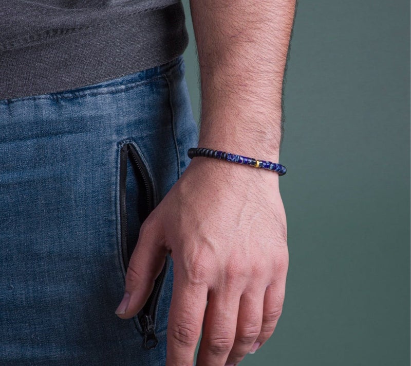 Minza “Van Gogh” Men’s Gold Bracelet, Pure 18K Gold Bead, Lapis Jasper, Hematite & Onyx Stones, Handmade Adjustable Cord Bracelet, Jewelry for Casual & Everyday Wear - Image 2