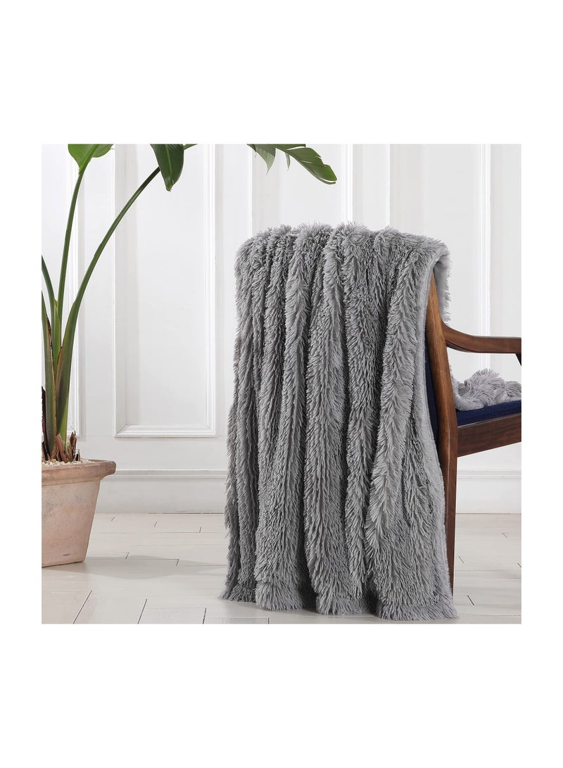 Zikra Decorative Extra Soft Faux Fur Throw Blanket 50" x 63", Solid Lightweight Fuzzy Reversible Long Hair Blanket, Fluffy Cozy Plush Mink Fleece Comfy Microfiber Blanket for Couch Sofa Bed, Grey - Image 5