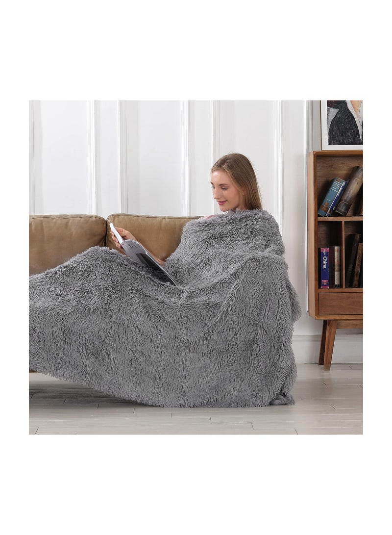 Zikra Decorative Extra Soft Faux Fur Throw Blanket 50" x 63", Solid Lightweight Fuzzy Reversible Long Hair Blanket, Fluffy Cozy Plush Mink Fleece Comfy Microfiber Blanket for Couch Sofa Bed, Grey - Image 3