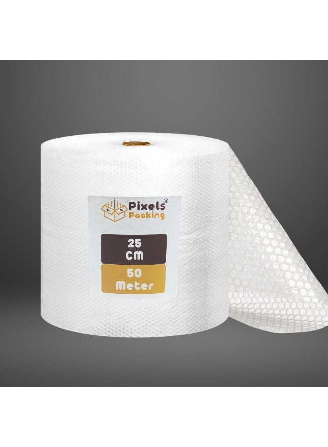 Pixels Packing Transparent bubble wrap roll from PixelsPacking, 25 cm wide and 50 meters long, multi-purpose for packaging, shipping, wrapping, and transportation. - Image 1