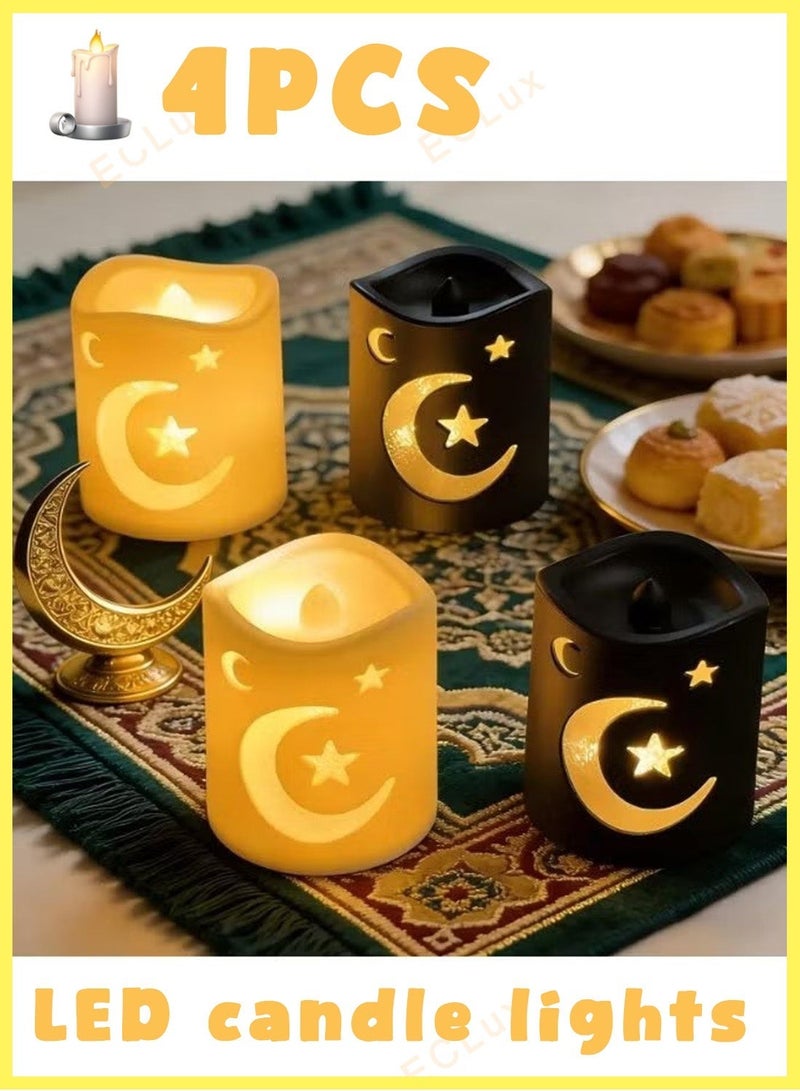 إي سي لوكس 4 قطع من فوانيس رمضان الكلاسيكية المزودة بمصابيح LED، أضواء ليلية على شكل هلال ونجمة، شموع إلكترونية تعمل بالبطارية بدون لهب، مثالية لتزيين المنزل والحفلات الإسلامية في عيد الفطر. - Image 1