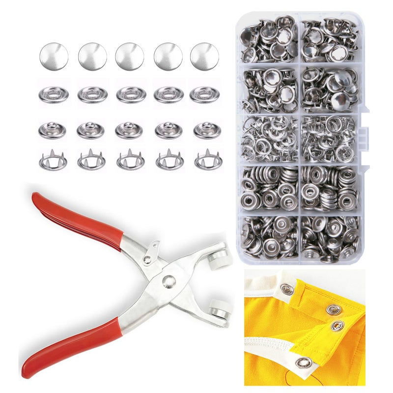 GTAAOY 100 Sets Metal Snaps Buttons with Fastener Pliers Press Tool Kit Perfect for DIY Crafts Clothes Hats and Sewing, Snap Button Fasteners Kit for Clothing Sewing(9.5mm / 400 PCS) - Image 1