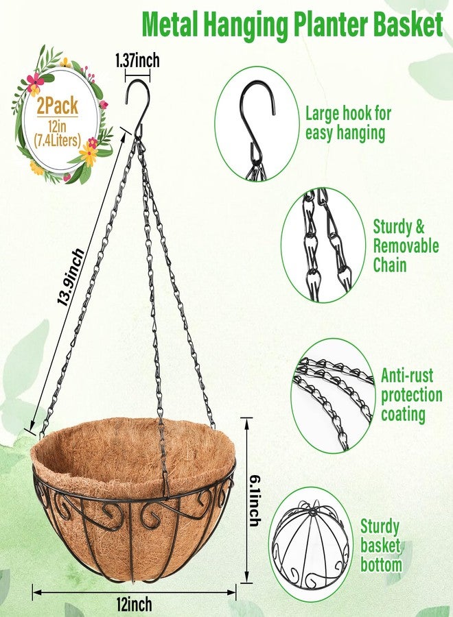 Legigo 2 Pack 12 Inch Metal Hanging Baskets for Plants Outdoor- Round Wire Hanging Planters Basket with Coconut Coir Liner, Hanging Flower Pot for Outdoor Plants Flowers Garden Decorations - Image 2