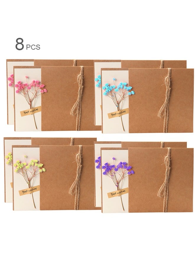8 Pack 7"x5" Dried Flowers Greeting Cards, Babysbreath Handmade Blank Note Card Flower Invitation Card with Envelopes Vintage Thank You Card for Birthday Party - Image 1