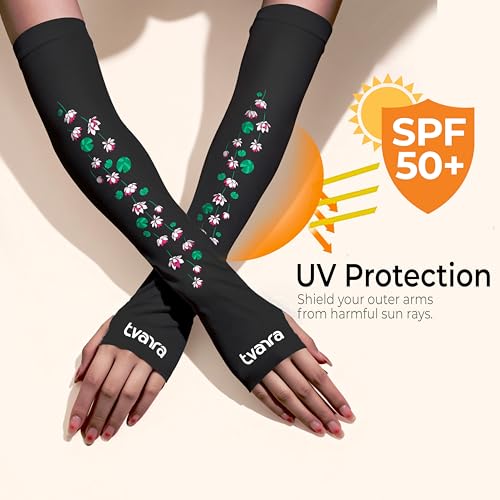 TVARRA Anti-Tan Fingerless Arm Sleeves for Women|UV Protection Hand Cover Sleeves for Bike Riding, Running & Outdoor Use,Dust & Summer Protection Arm Sleeves (1, Black) - Image 2