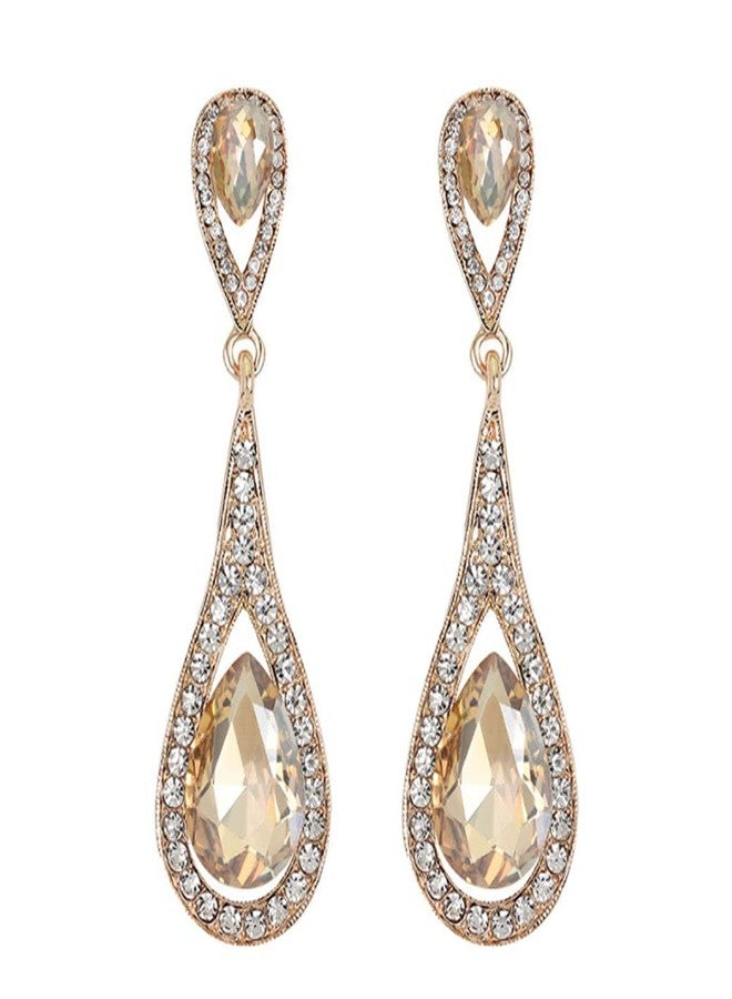 Secret for Longevity Gold Tone Antique Vintage Retro Deco Gatsby Flapper Style Champagne Amber Yellow Citrine Zircon Rhinestone Pear Dangle Earrings - Image 1