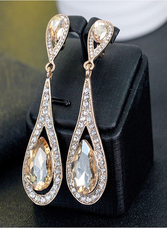 Secret for Longevity Gold Tone Antique Vintage Retro Deco Gatsby Flapper Style Champagne Amber Yellow Citrine Zircon Rhinestone Pear Dangle Earrings - Image 2
