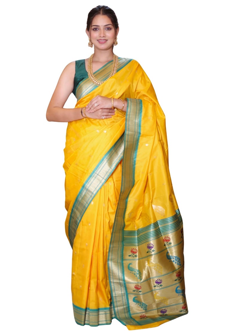 AMIRAT Women's Paithani Silk Saree | Sari for Women | Kanjivaram Silk Sarees With Unstitched Blouse (Yellow) - Image 1
