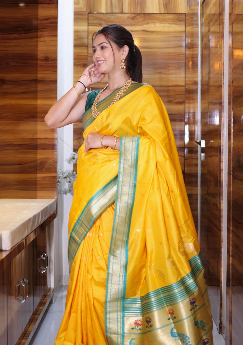 AMIRAT Women's Paithani Silk Saree | Sari for Women | Kanjivaram Silk Sarees With Unstitched Blouse (Yellow) - Image 4