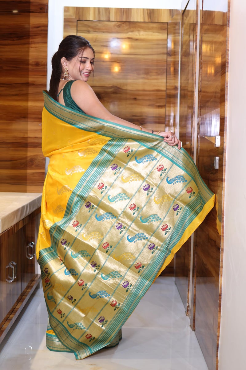 AMIRAT Women's Paithani Silk Saree | Sari for Women | Kanjivaram Silk Sarees With Unstitched Blouse (Yellow) - Image 5