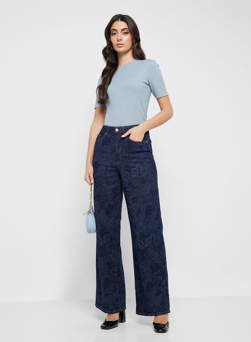 VERO MODA Wide Leg Floral Crochet Embossed 32" Jeans - Image 1