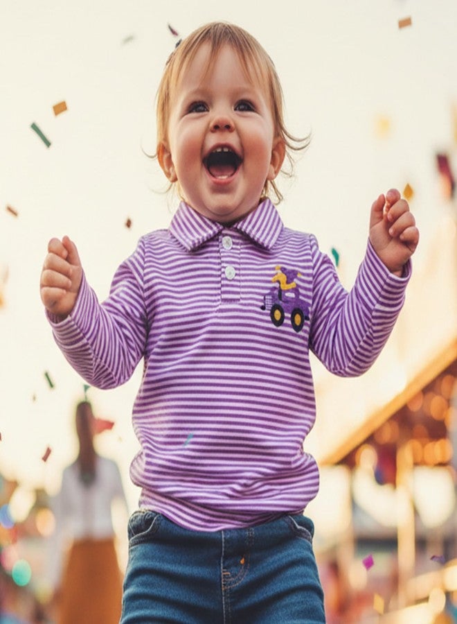 GOOCHEER Toddler Baby Boy Mardi Gras Outfit Carnival Striped Long Sleeve Polo Shirt Button Up Pullover Top (Purple, 4-5 Years) - Image 2