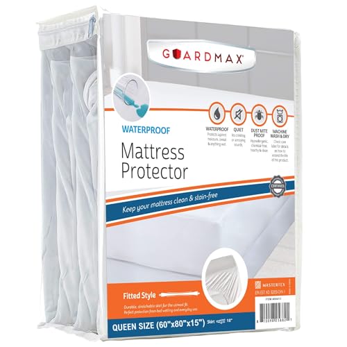 Guardmax Fitted Waterproof Mattress Protector - Hypoallergenic Cover, Noiseless and Breathable – Queen Size (60x80) - Skirt Stretches to 18 - Image 1